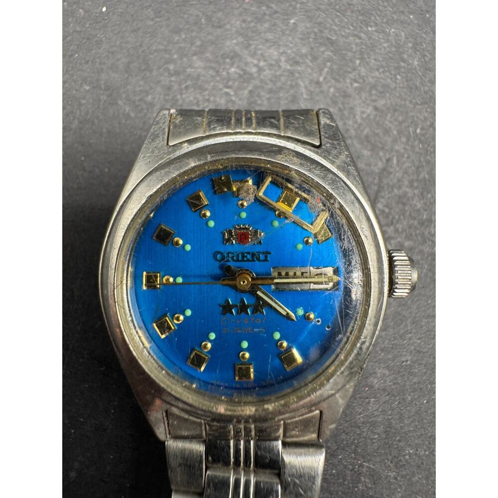 Orient 3 Star Crystal NQ1X-Q0 Silver Tone Blue Dial Automatic Men's Watch 23MM